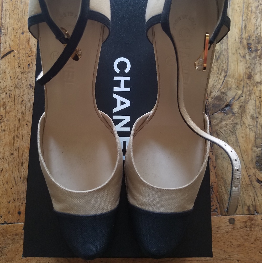 Chanel  Beige Satin Black Toe Cap ankle strap